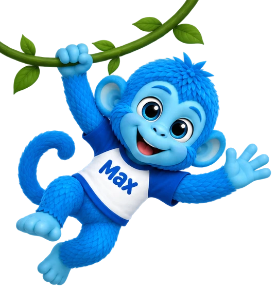 Max, a friendly blue monkey, waving
